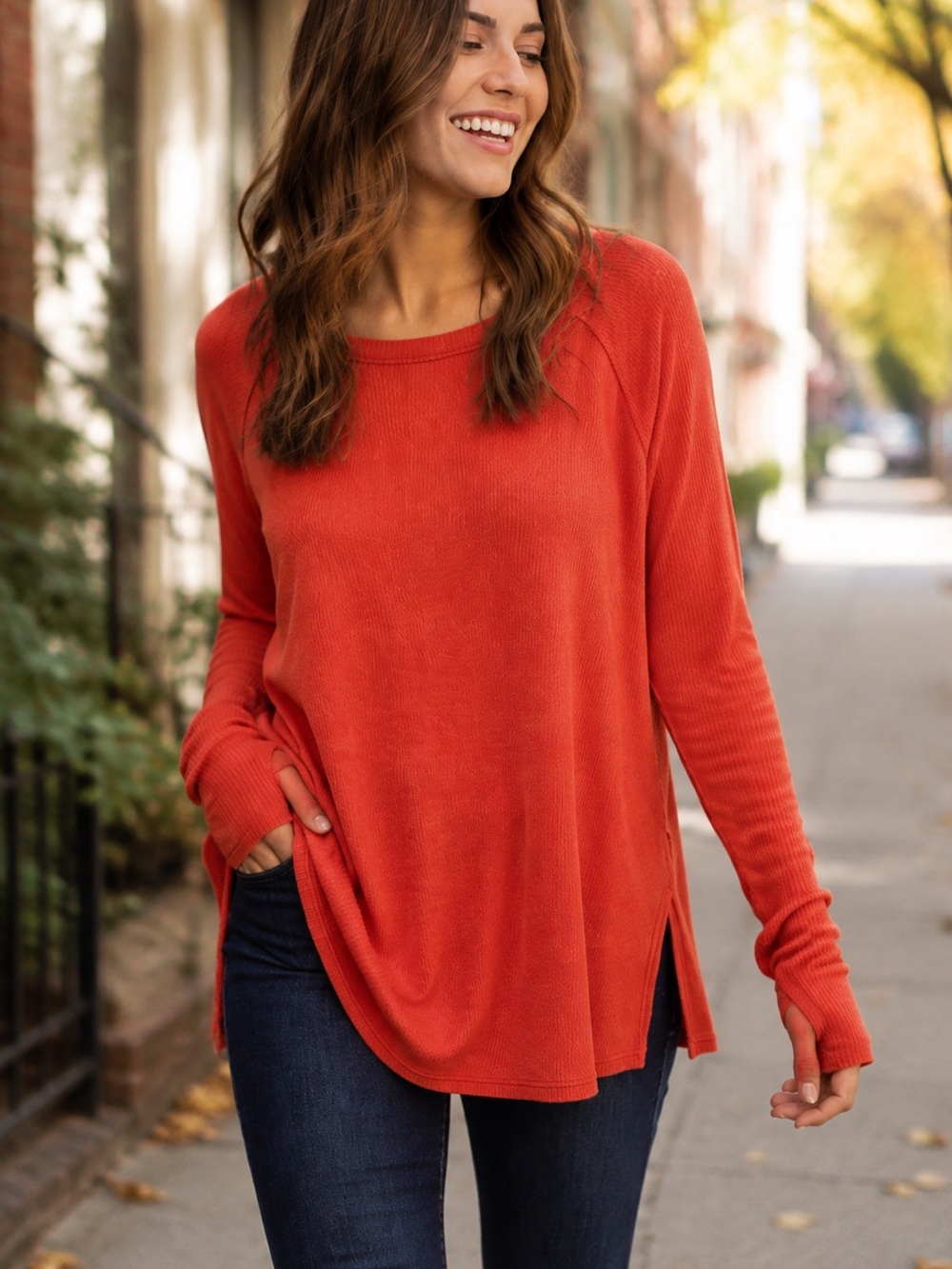 Free People WE THE FREE Snowy Thermal Top Burnt Orange XS Oversized Waffle Knit